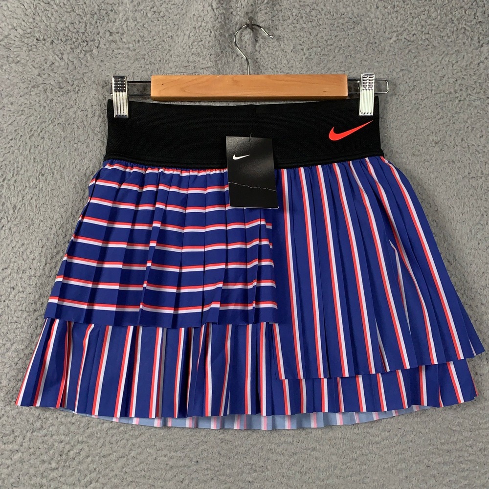 Nike Court Slam Tennis Skirt Womens XS Blue Striped Pleated Asymmetrical Skort